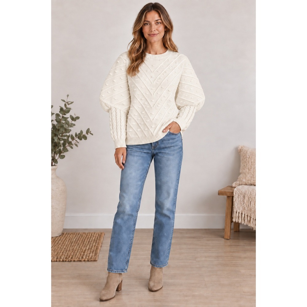 Coquette Sweater Women SM Cream Puffy Sleeve Cable Knit Boho boho feminine Y2K